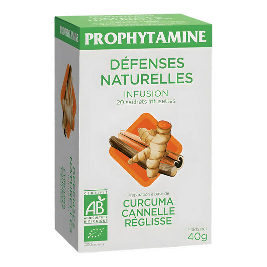 Infusion Immunité BIO PROPHYTAMINE aux plantes naturelles, boîte de 20 sachets avec curcuma, cannelle et réglisse pour renforcer les défenses.