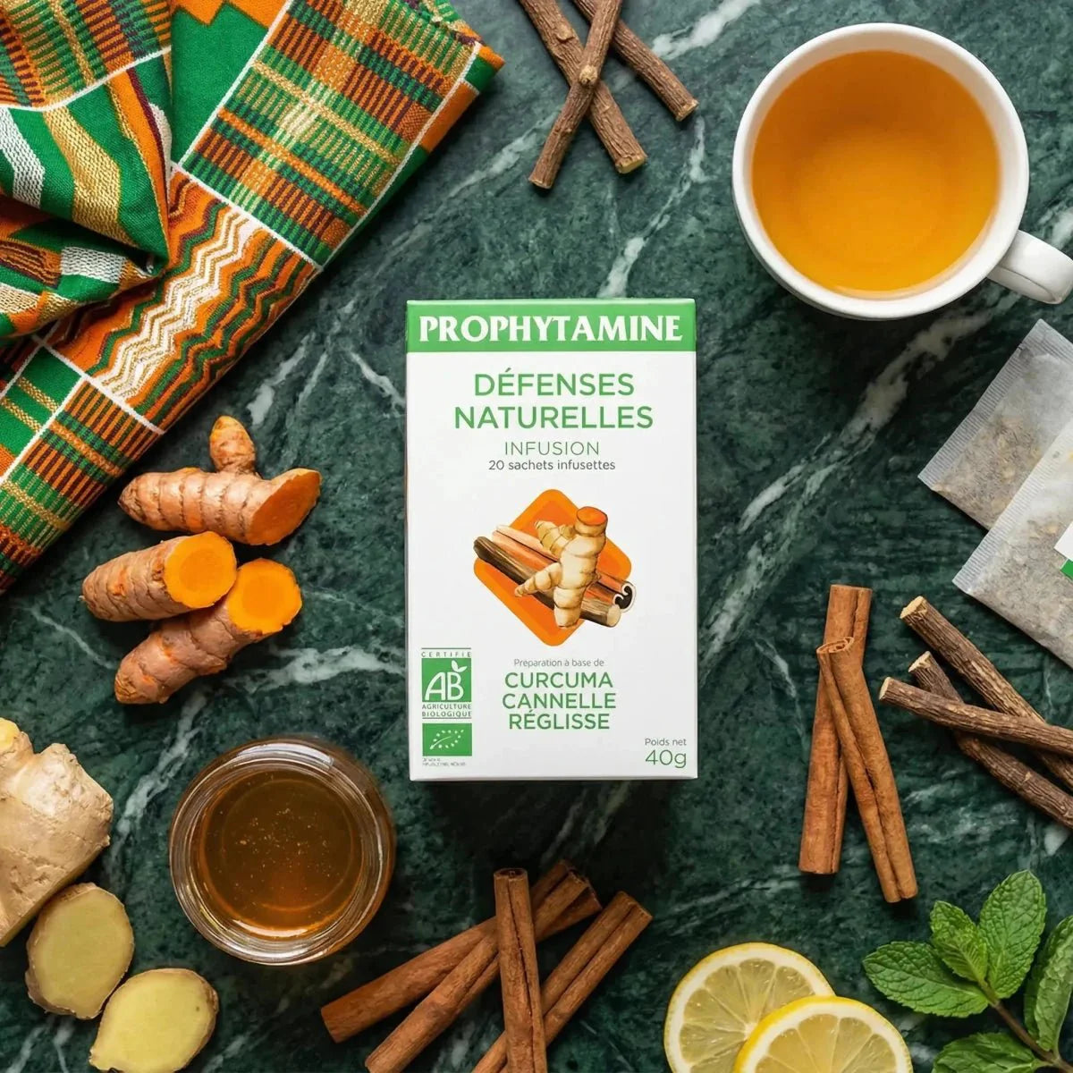 Infusie Natuurlijke Verdediging BIO PROPHYTAMINE (40g) met ingrediënten: kurkuma, kaneel.