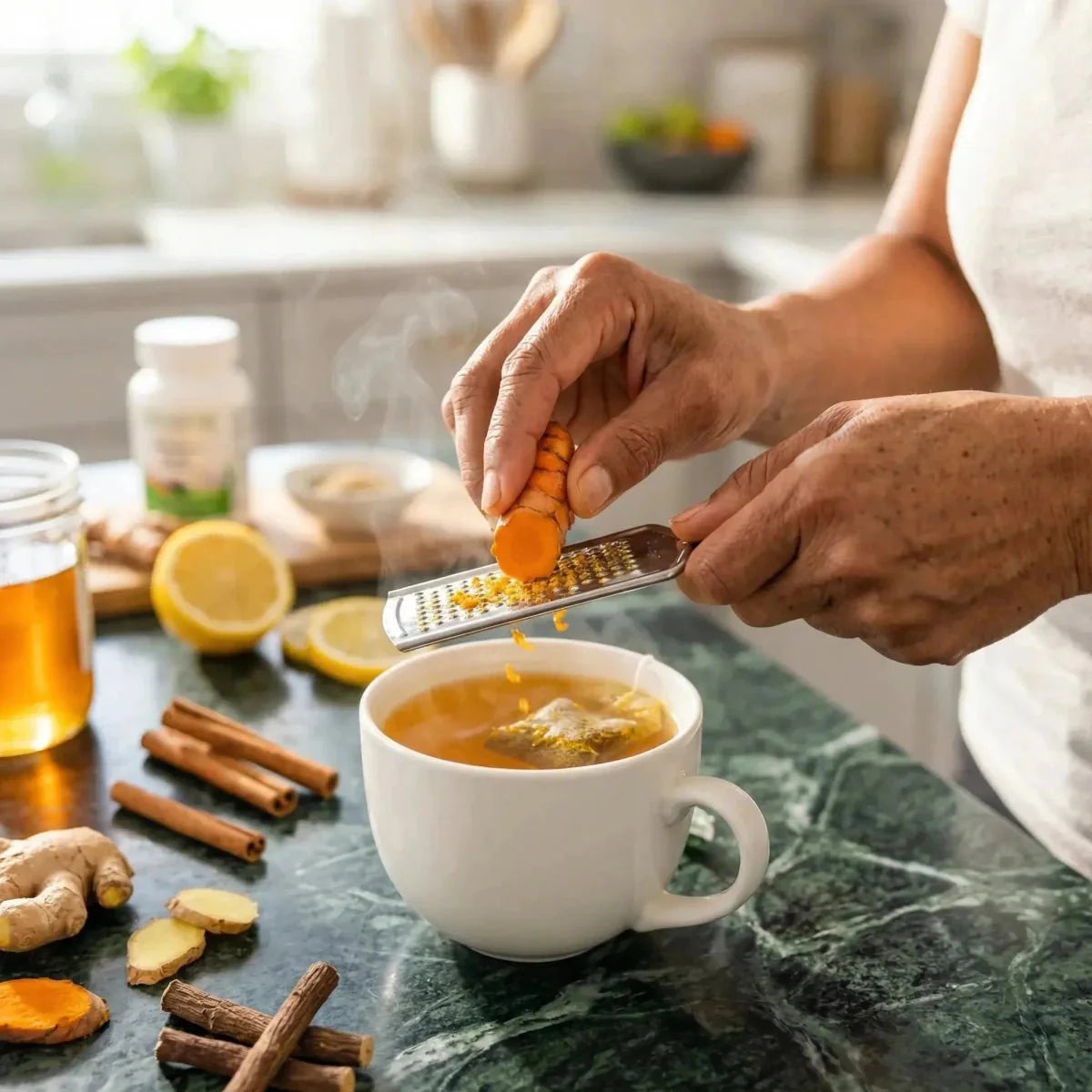 Infusie Natuurlijke BIO PROPHYTAMINE Verdedigingen: close-up van een persoon die kurkuma raspt in.