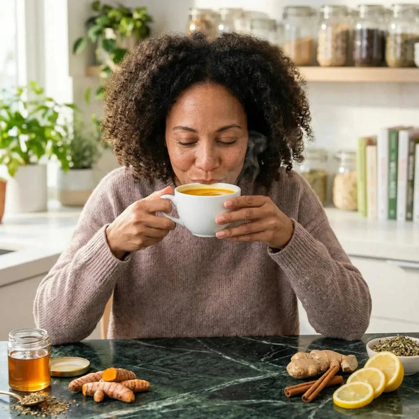 PROPHYTA: Femme buvant Infusion Défenses naturelles BIO. Sur la table, gingembre, curcuma.