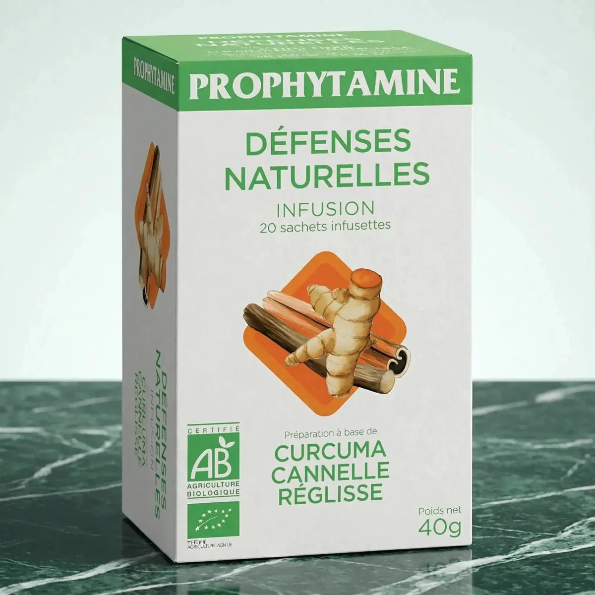 Biologische natuurlijke infusie door PROPHYTAMINE, met illustraties van kurkuma.