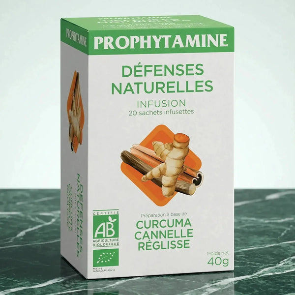 Infusion naturelle bio par PROPHYTAMINE, avec des illustrations de curcuma.