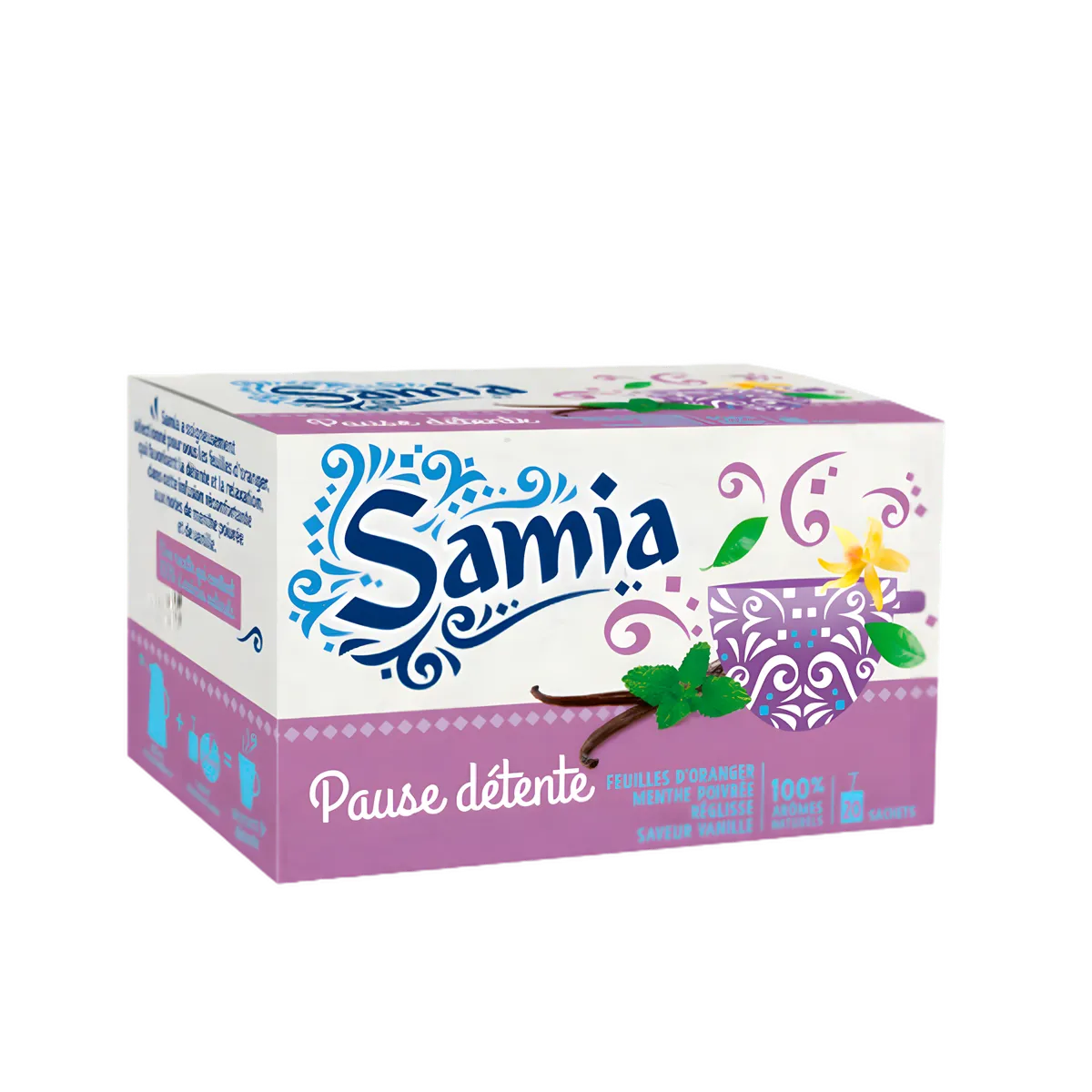 Boîte d'infusion détente SAMIA avec feuilles d'oranger, menthe, réglisse et vanille. Infusion naturelle en sachets pour relaxation.