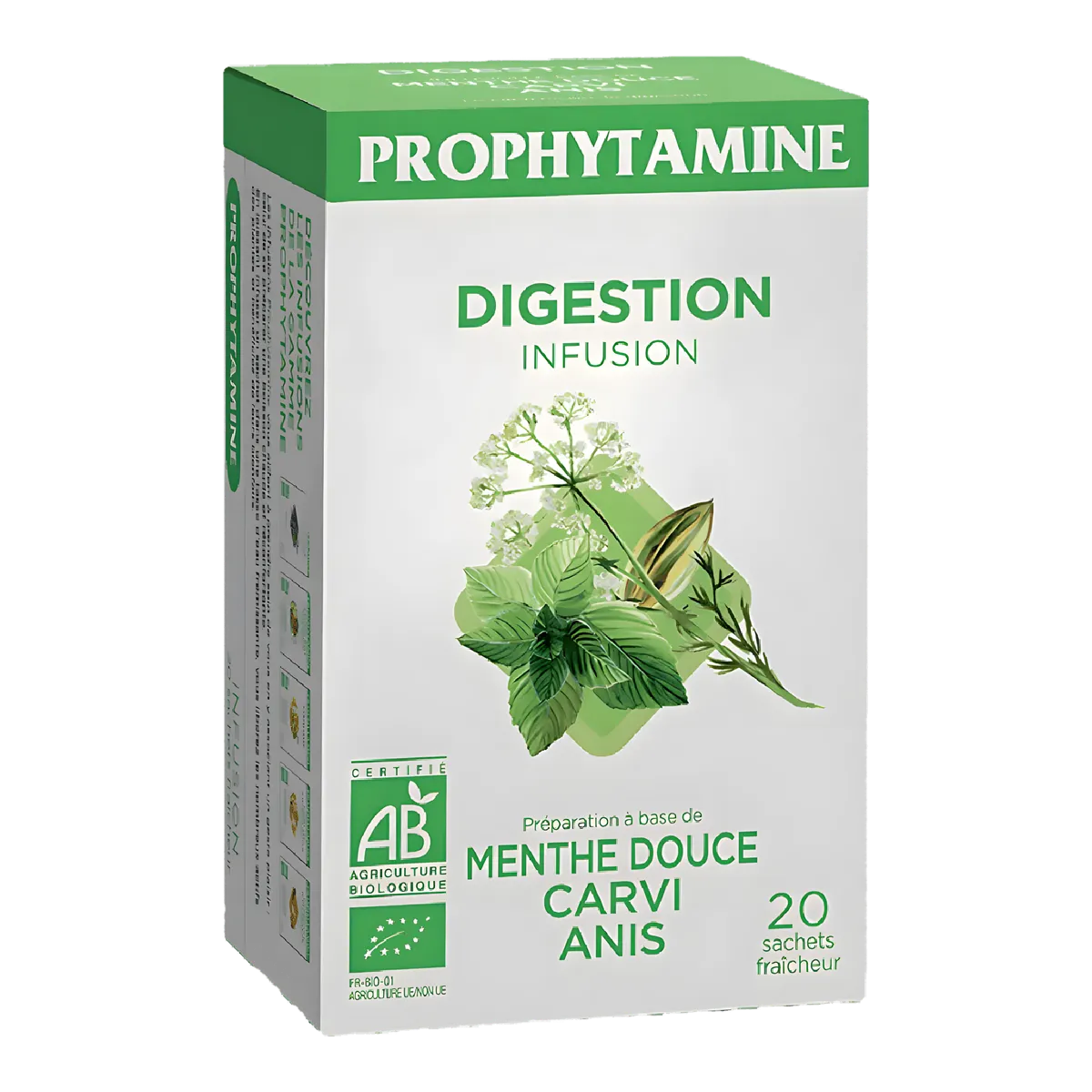 Boîte d'Infusion Digestion BIO PROPHYTAMINE avec 20 sachets, à base de menthe douce, carvi et anis, idéale pour faciliter la digestion naturellement.