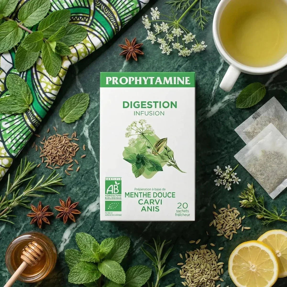 Zakje biologische PROPHYTAMINE Digestie-infusie, zachte munt, karwij en anijs. Kopje, honing, citroen.