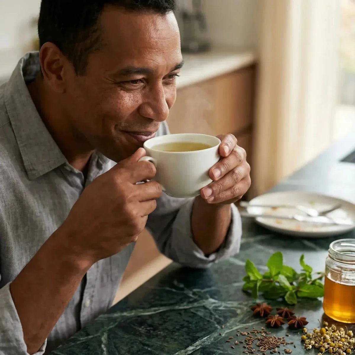 Man geniet van een biologische PROPHYTAMINE Digestie-infusie. Tafel met ingrediënten, pot honing.