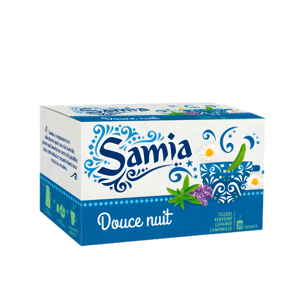 Boîte d'infusion douce nuit SAMIA pour le sommeil, avec tilleul, verveine, lavande et camomille. Idéale pour une détente naturelle le soir.