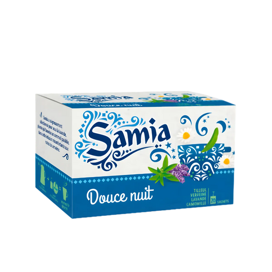 Boîte d'infusion douce nuit SAMIA pour le sommeil, avec tilleul, verveine, lavande et camomille. Idéale pour une détente naturelle le soir.