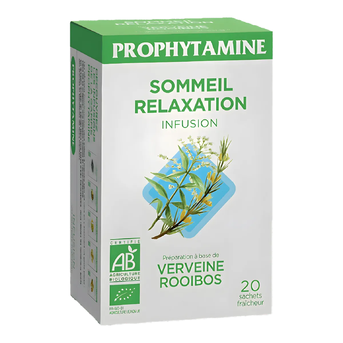Boîte d'Infusion Sommeil Relaxation BIO PROPHYTAMINE à base de verveine et rooibos, 20 sachets fraîcheur pour détente et sommeil réparateur.