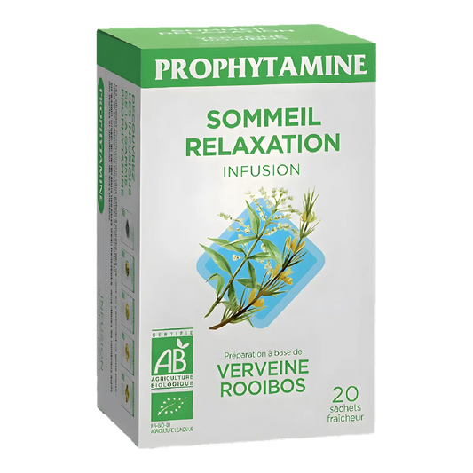 Boîte d'Infusion Sommeil Relaxation BIO PROPHYTAMINE à base de verveine et rooibos, 20 sachets fraîcheur pour détente et sommeil réparateur.
