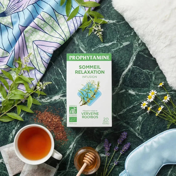 PROPHYTAMINE sleep relaxation infusion, organic verbena rooibos. Cup of tea, honey, lavender.