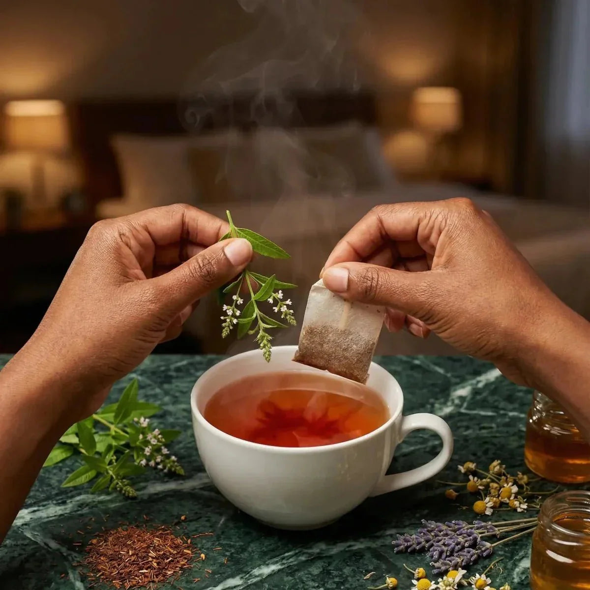 PROPHYTAMINE Infusie BIO: handen die een kopje thee bereiden met kruiden, bloemen en honing.