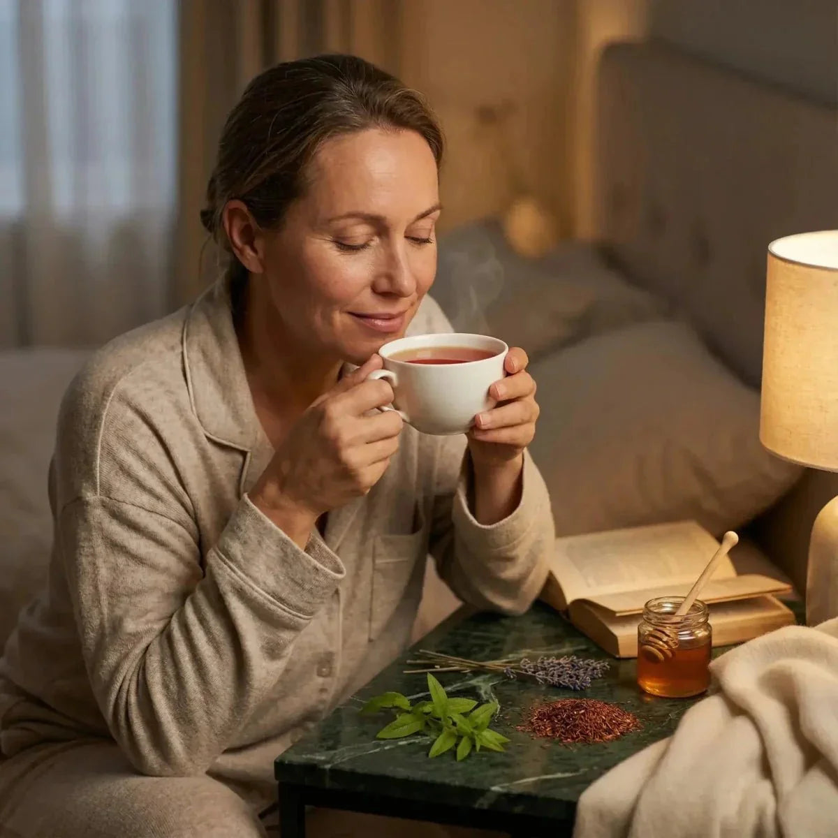 Proprythamine Infusie BIO, 40g. Vrouw in pyjama genietend van een kruidenthee, versierd met kruiden.