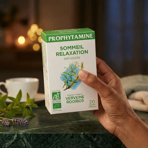 Organic sleep relaxation infusion by PROPHYTAMINE, shown in its packaging, held in a hand.