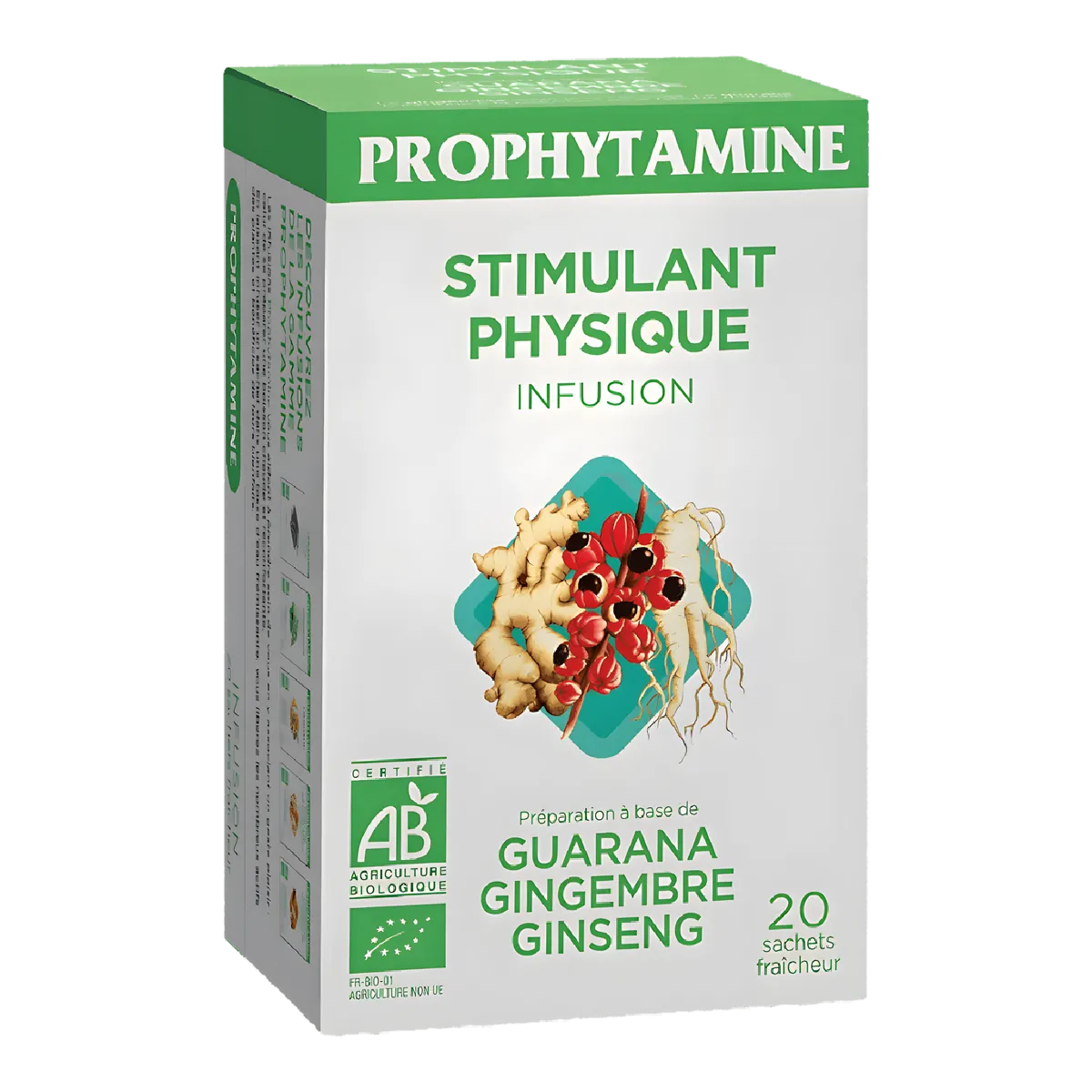 Boîte d'infusion BIO PROPHYTAMINE stimulante à base de guarana, gingembre et ginseng. Infusion biologique énergisante en sachets fraîcheur.