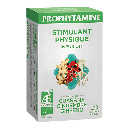Boîte d'infusion BIO PROPHYTAMINE stimulante à base de guarana, gingembre et ginseng. Infusion biologique énergisante en sachets fraîcheur.