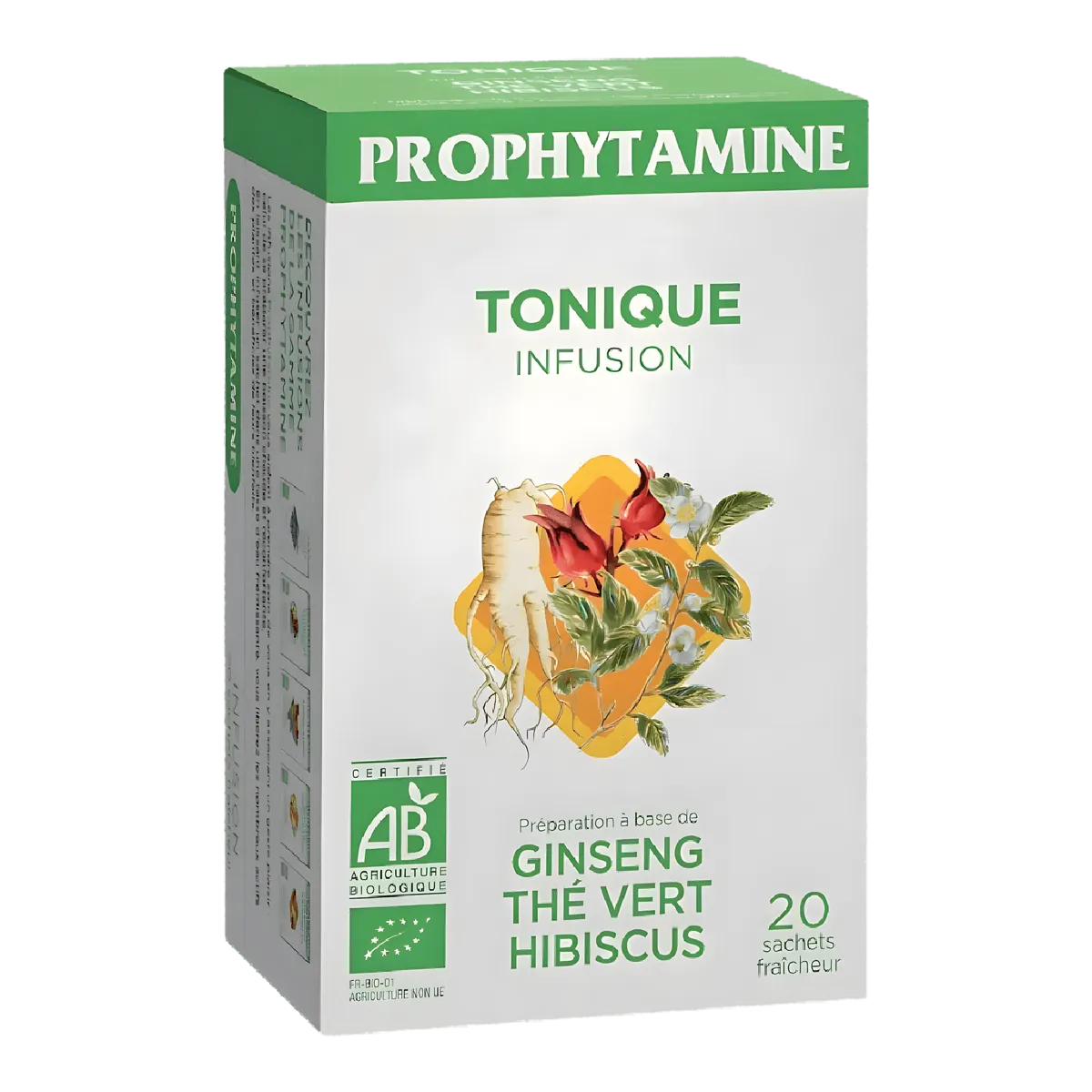 Boîte de l'infusion tonique BIO PROPHYTAMINE avec 20 sachets, à base de ginseng, thé vert et hibiscus. Infusion tonique biologique certifiée AB.