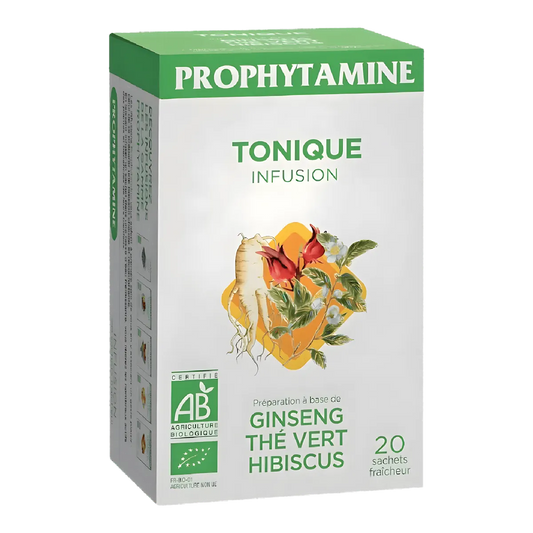 Boîte de l'infusion tonique BIO PROPHYTAMINE avec 20 sachets, à base de ginseng, thé vert et hibiscus. Infusion tonique biologique certifiée AB.