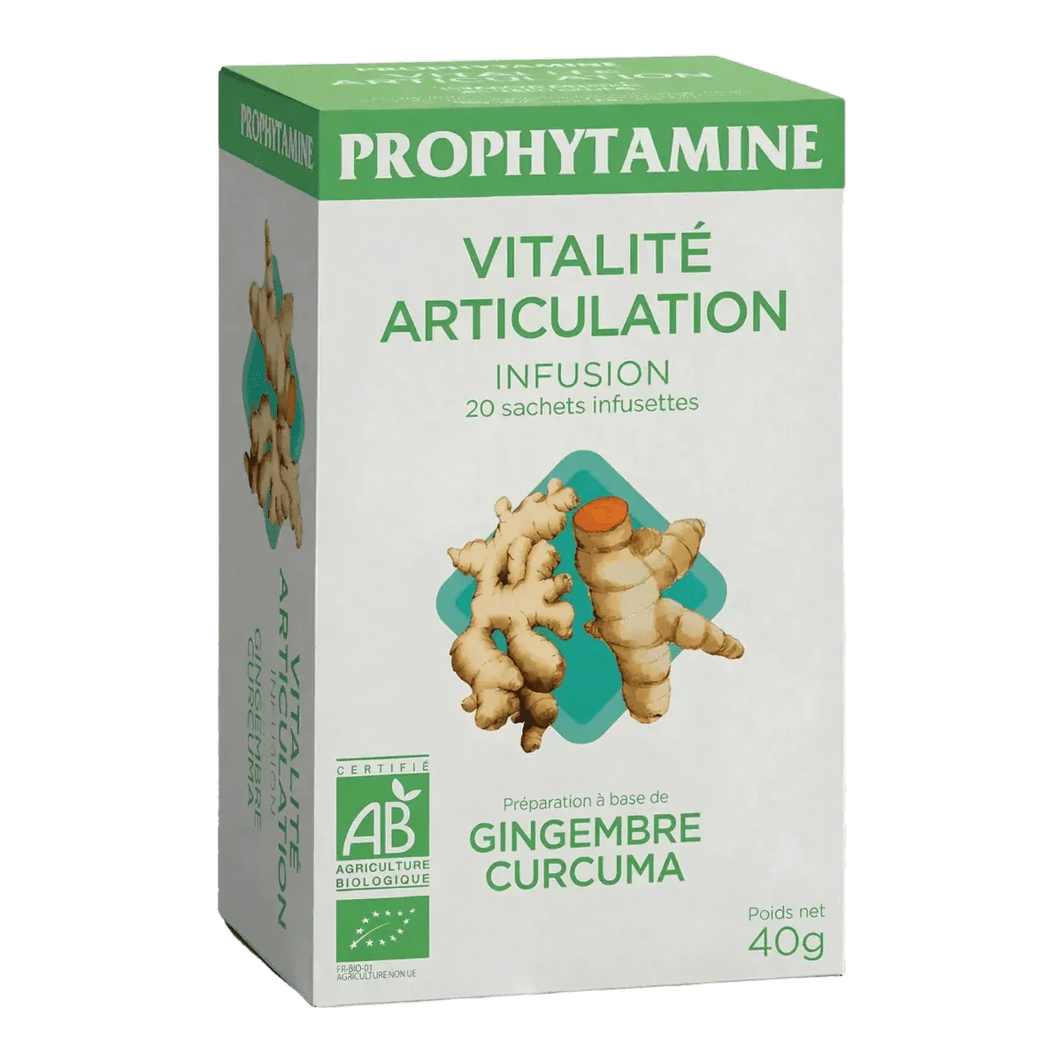 Vitaliteit Gewricht BIO PROPHYTAMINE infusiebox (40g) met illustratie van gember.