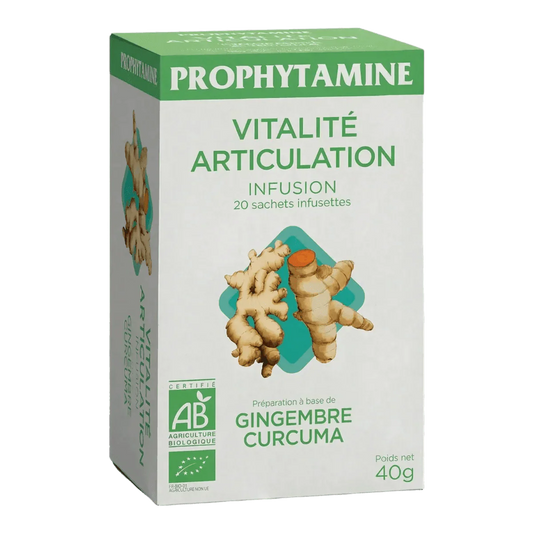 Vitaliteit Gewricht BIO PROPHYTAMINE infusiebox (40g) met illustratie van gember.