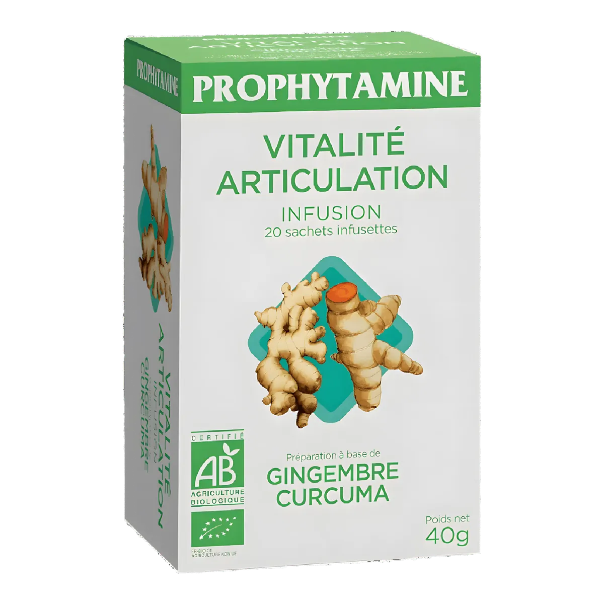 Boîte d'infusion articulation bio PROPHYTAMINE Vitalité Articulations avec gingembre et curcuma, 20 sachets pour bien-être articulaire.