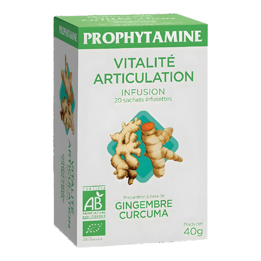 Boîte d'infusion articulation bio PROPHYTAMINE Vitalité Articulations avec gingembre et curcuma, 20 sachets pour bien-être articulaire.