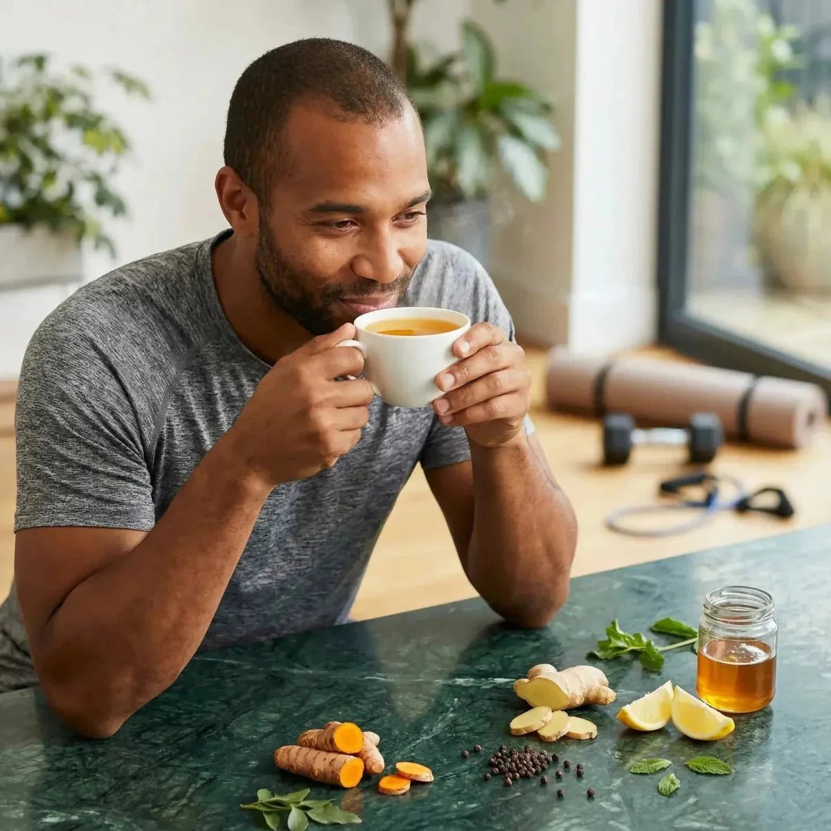 Organic PROPHYTAMINE Joint Vitality Infusion. Man with a cup of infusion.
