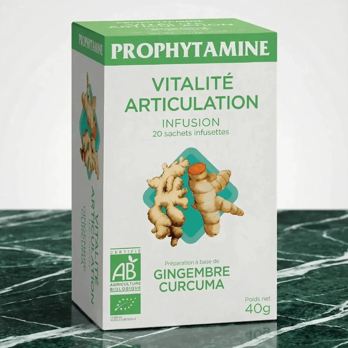 Organic Vitality Joint Infusion by PROPHYTAMINE, with illustration of ginger.