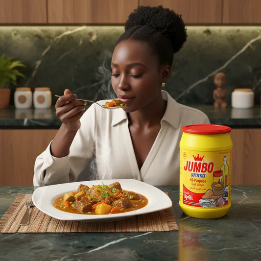 Femme dégustant un plat préparé avec le bouillon poudre aroma JUMBO, révélant son goût savoureux et sa polyvalence culinaire.