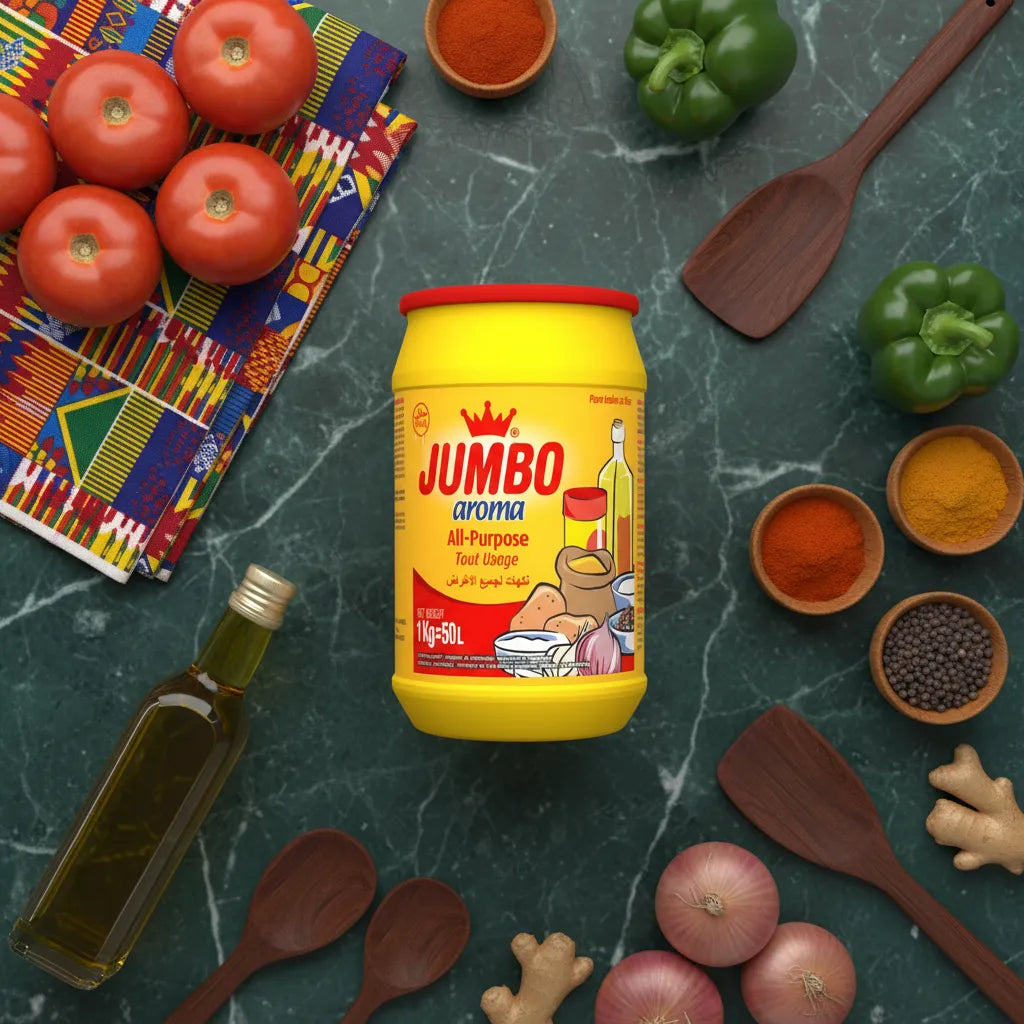 Pot de bouillon poudre aroma JUMBO entouré d'ingrédients frais et d'épices, parfait pour enrichir soupes et sauces maison.