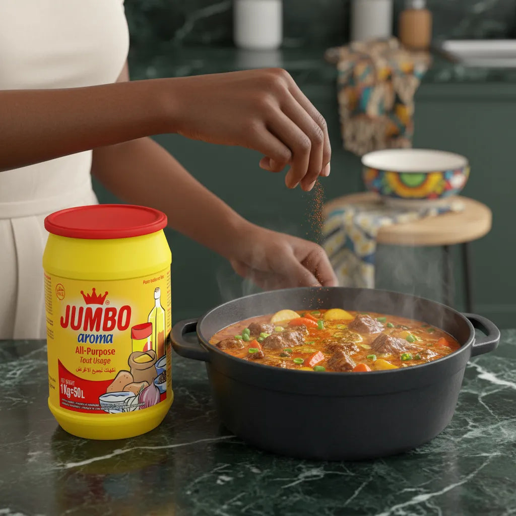 Utilisation du bouillon poudre aroma JUMBO dans un ragoût maison, ajoutant des saveurs riches et intenses à la cuisine quotidienne.