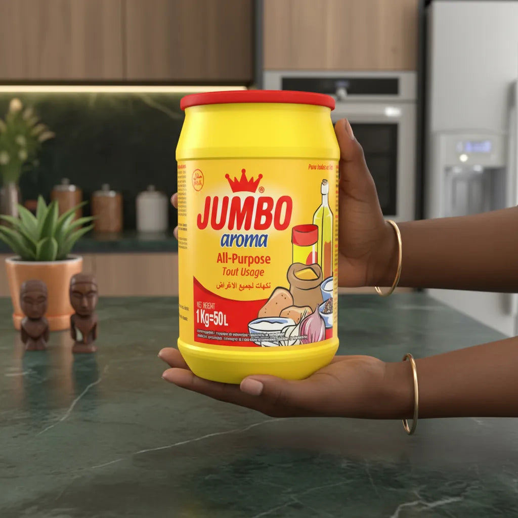 Pot de bouillon poudre aroma JUMBO tenu à deux mains, idéal pour assaisonner divers plats salés avec une touche savoureuse.