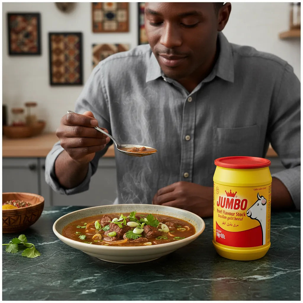 Homme dégustant une soupe maison préparée avec le bouillon poudre boeuf JUMBO - Assaisonnement polyvalent pour plats savoureux.