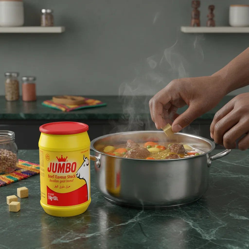 Main ajoutant un cube de bouillon JUMBO dans une marmite de soupe - Bouillon poudre boeuf à dissolution rapide pour plats mijotés.