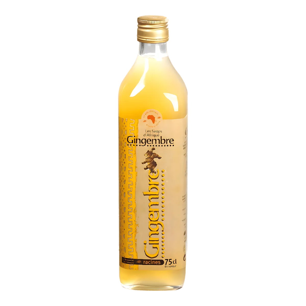 Bouteille de 75cl de jus concentré de gingembre RACINES, boisson intense à base de gingembre frais, idéale pour recettes et boissons santé.