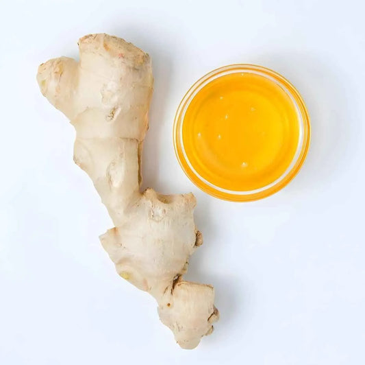 Racine de gingembre frais à côté d’un bol de jus concentré doré, illustrant les ingrédients naturels du jus de gingembre RACINES.