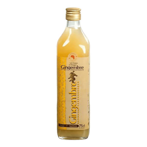 Bouteille de jus concentré de gingembre RACINES, 75cL, en gros plan sur fond vert .