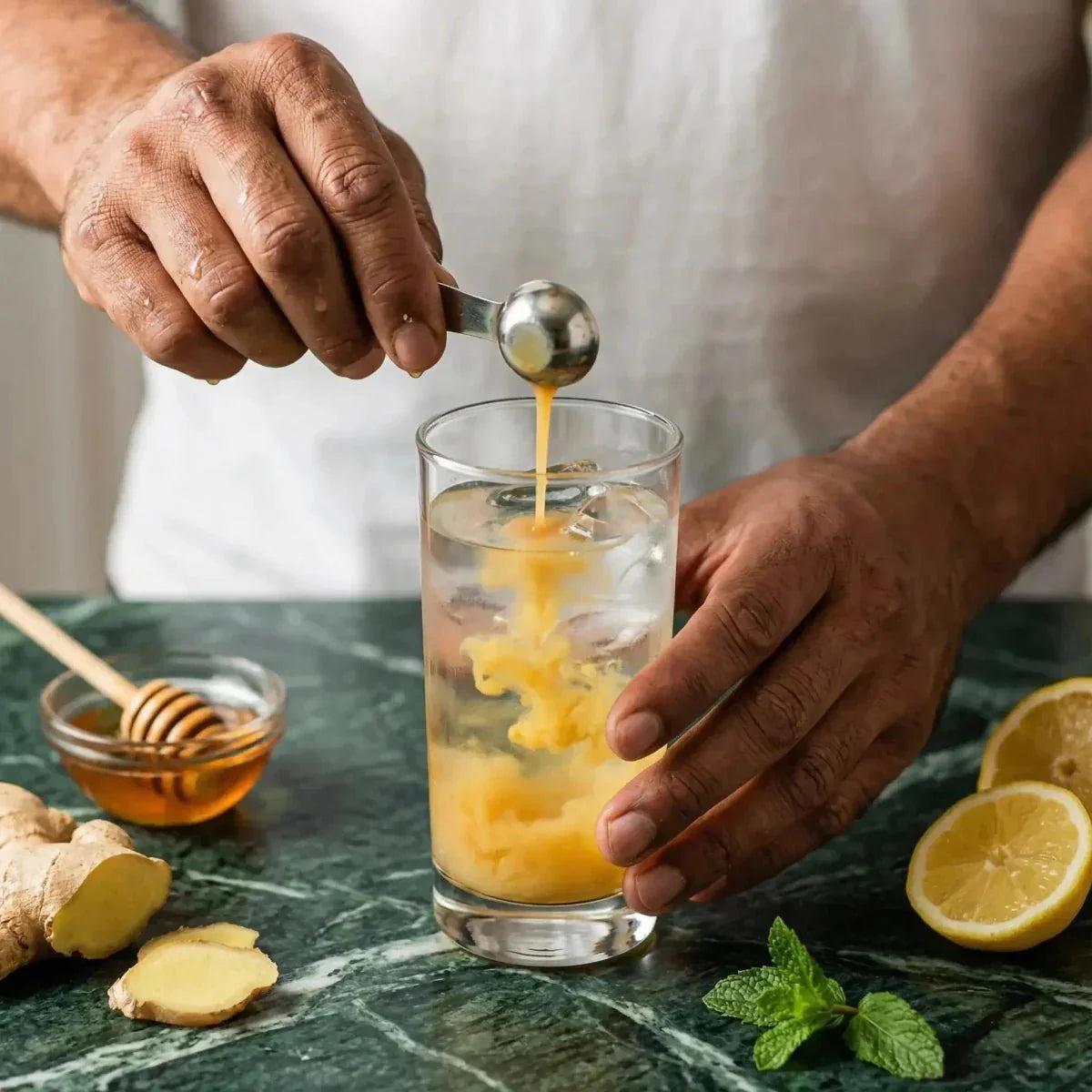 RACINES Konzentrierter Ingwersaft. Zubereitung eines Ingwergetränks mit Honig und Zitrone.