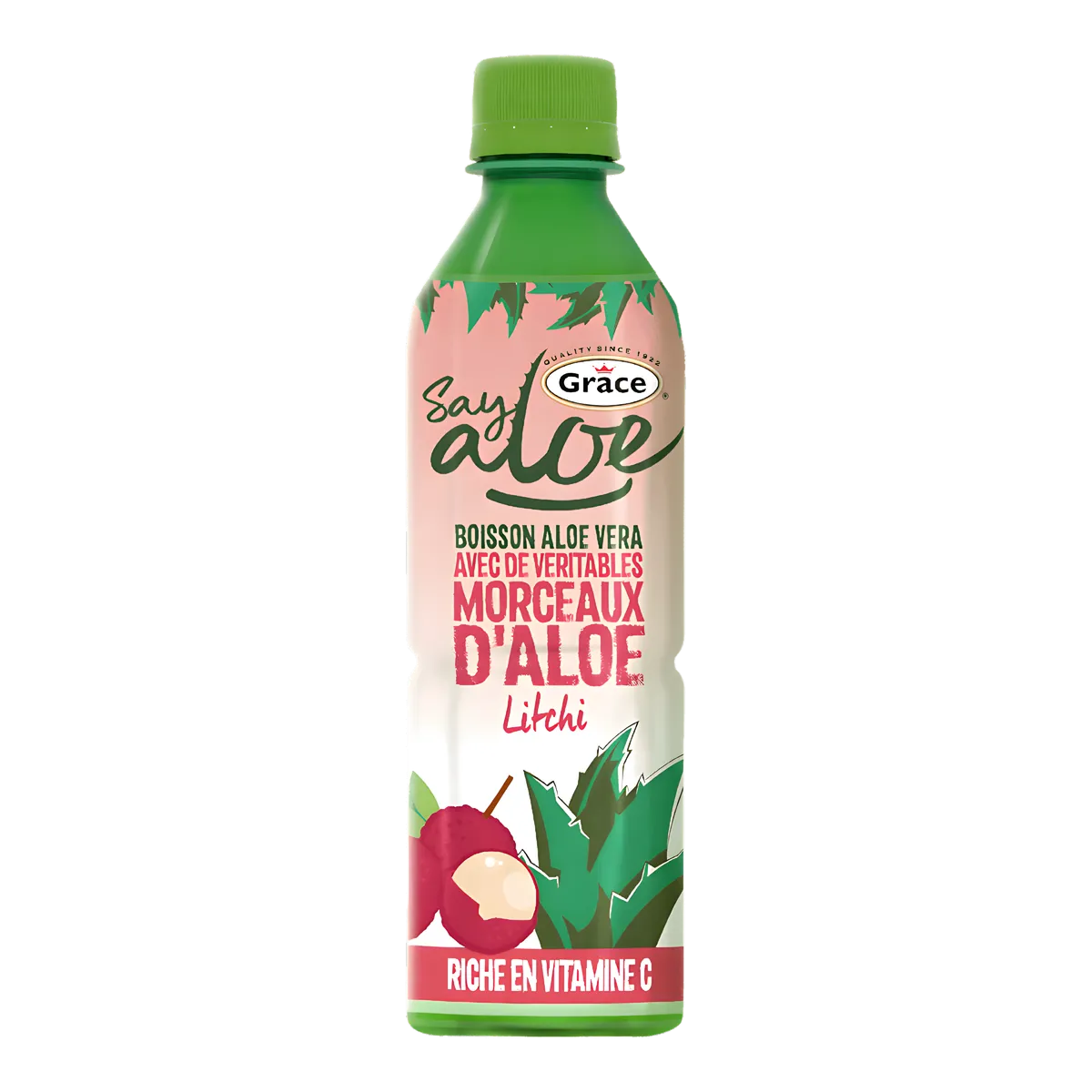 Jus d'aloe vera et litchi GRACE - Refroidissant et Original, boisson enrichie en vitamine C avec morceaux d'aloe vera, saveur exotique au litchi.