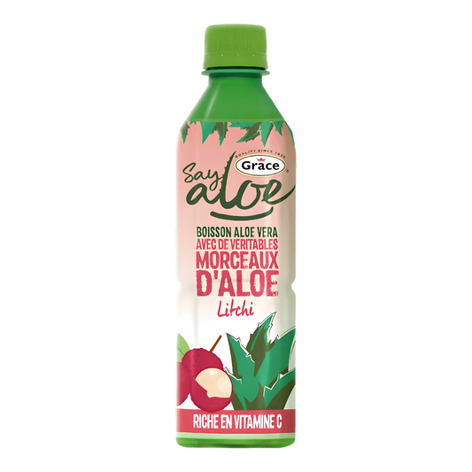 Jus d'aloe vera et litchi GRACE - Refroidissant et Original, boisson enrichie en vitamine C avec morceaux d'aloe vera, saveur exotique au litchi.