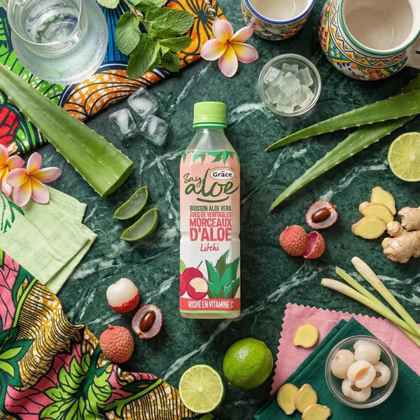 Aloe-Vera- und Litschi-Saft GRACE in der Mitte eines Flatlays mit Aloe Vera, Litschis, Ingwer.