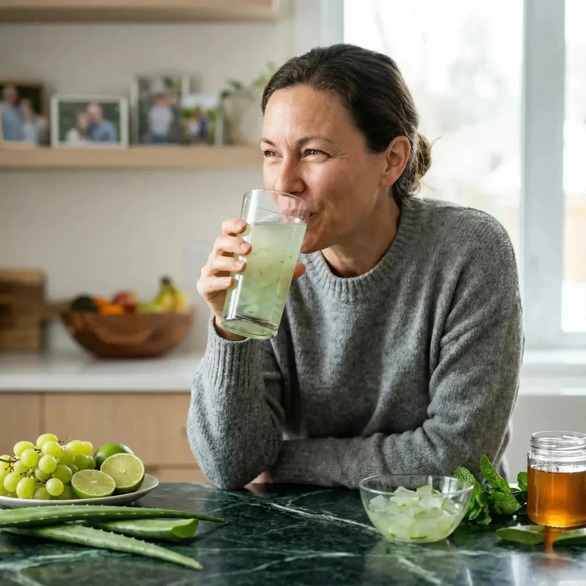Une femme boit du jus d'aloe vera GRACE (grand) à 1L. Sur le comptoir, aloe vera, raisins.