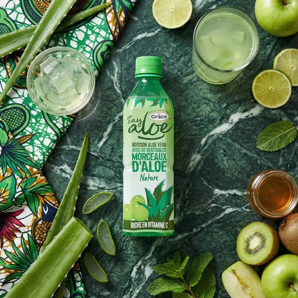 Aloe-Vera-Getränk Grace auf grünem Tisch mit frischen Zutaten: Zitrone, Kiwi, Honig, Minze.