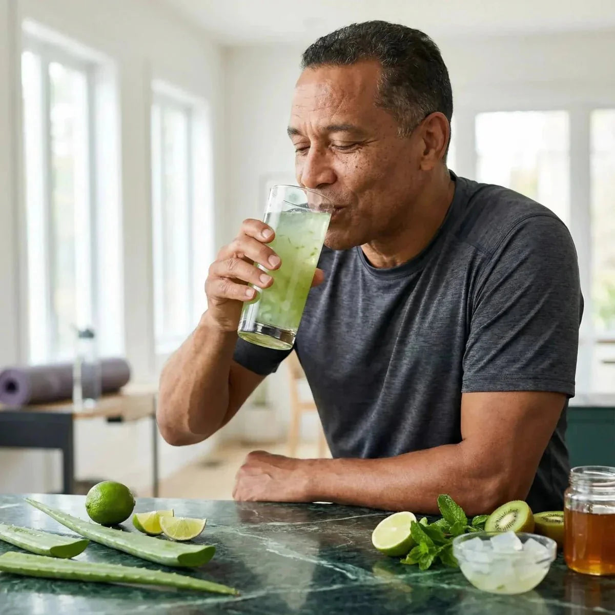 Een man drinkt GRACE aloëverasap (500 ml). Op de toonbank: aloëvera, limoen, kiwi, honing.