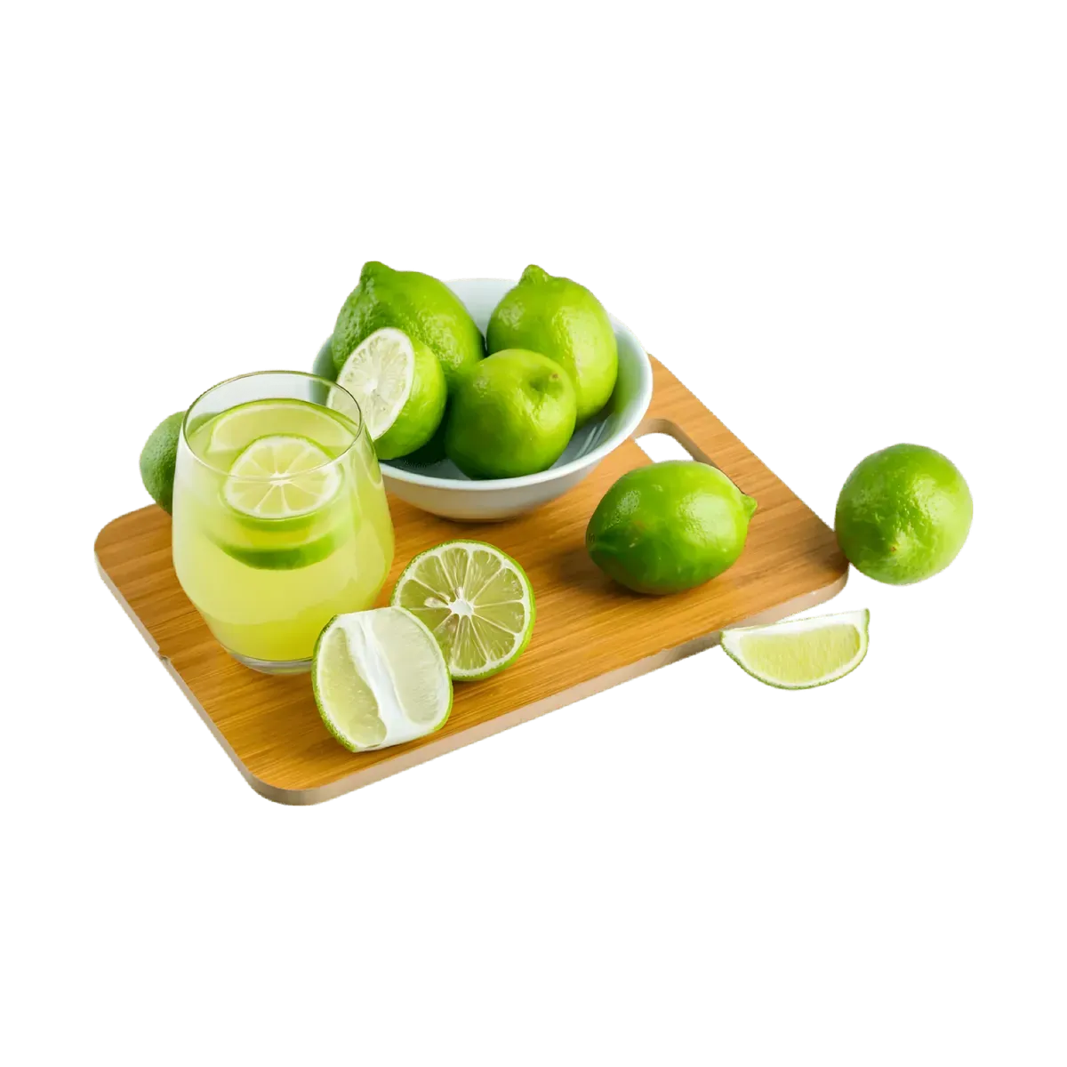 Verre de jus de citron vert frais avec citrons verts entiers et tranchés, parfait pour accompagner le jus CHALEUR CRÉOLE en cuisine.