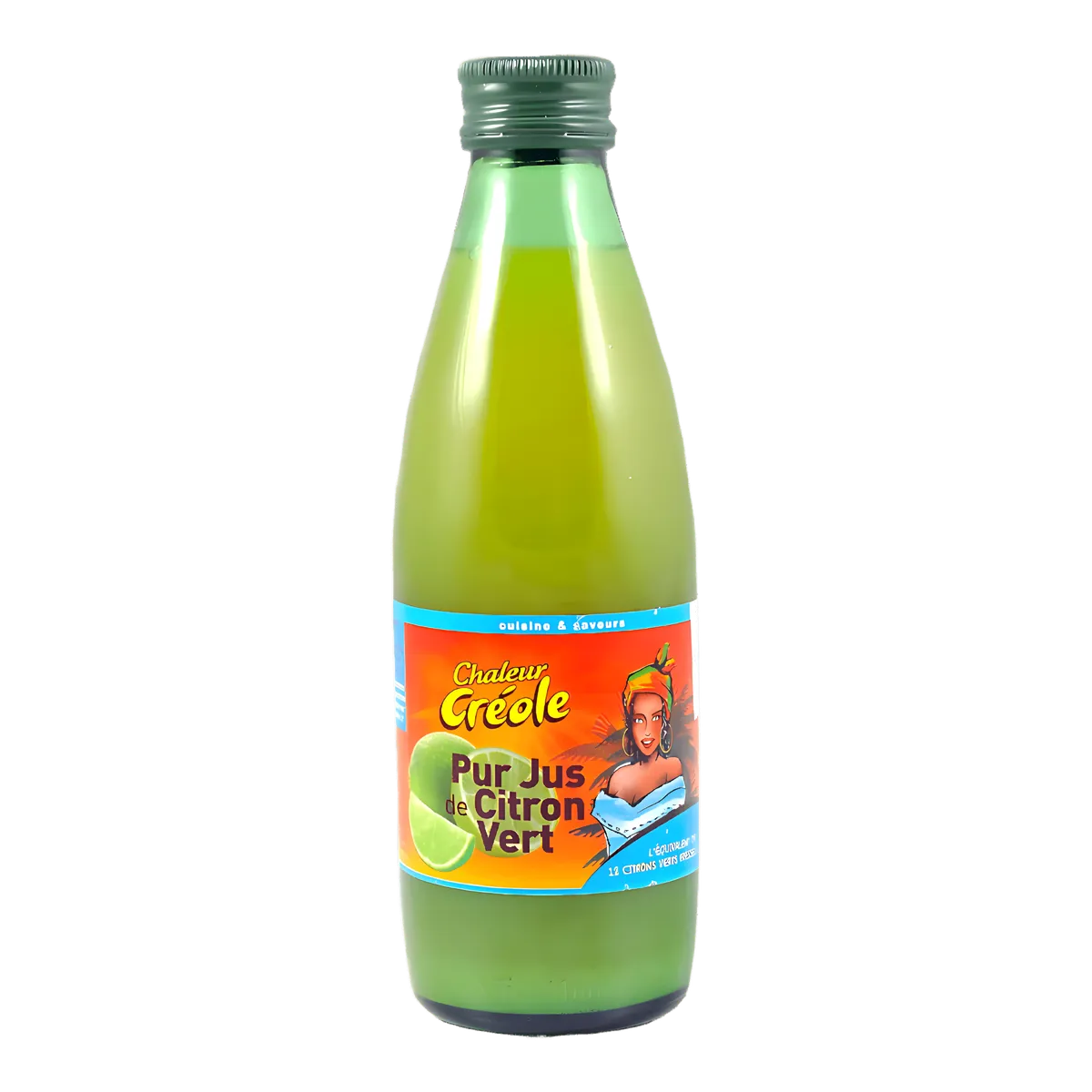 Bouteille de jus de citron vert CHALEUR CRÉOLE, condiment essentiel en épicerie salée pour une acidité rafraîchissante dans vos plats et boissons.