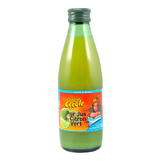 Bouteille de jus de citron vert CHALEUR CRÉOLE, condiment essentiel en épicerie salée pour une acidité rafraîchissante dans vos plats et boissons.