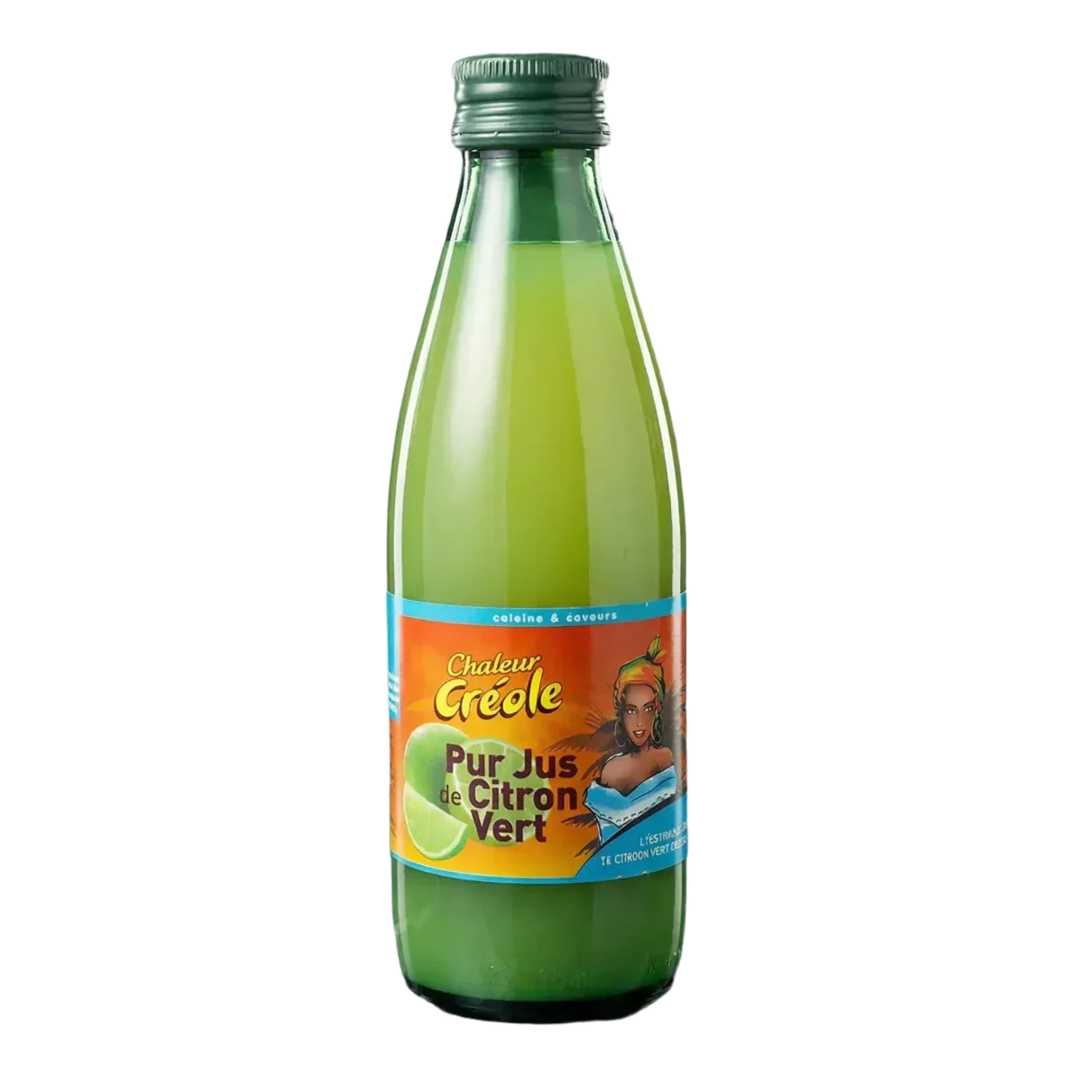 Bottle of CHALEUR CRÉOLE lime juice. Colorful label with Creole woman.