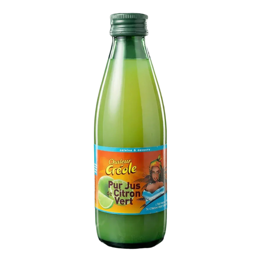 Fles limoensap CHALEUR CRÉOLE. Gekleurd etiket met Creoolse vrouw.