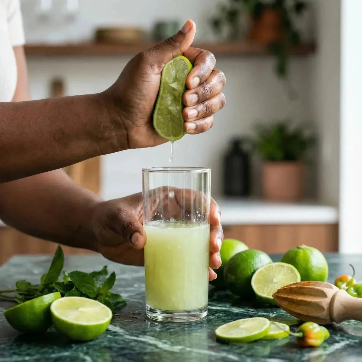 CREOLE HEAT, lime juice (25mL). Hands squeezing a lime into a glass of juice.